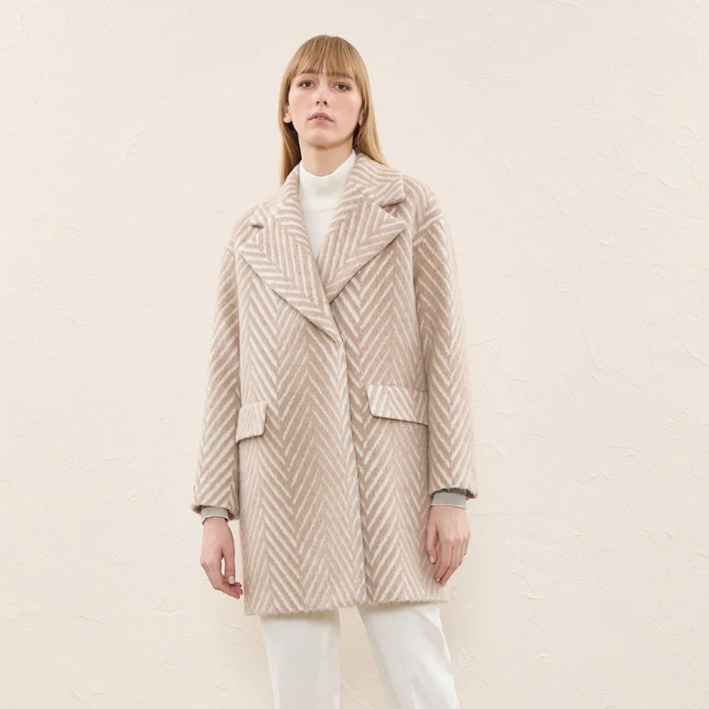 NWT Peserico Oversized Herringbone Coat in White & Brown, US Size 10, IT 46